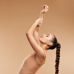 hair care, young woman and natural beauty for cosmetics, body care and being carefree with brown stu