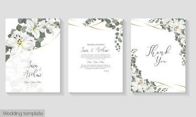 Wall Mural - Vector floral template for wedding invitation. White royal lilies, eucalyptus, green plants and leaves.