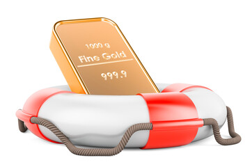 Golden bullion with lifebelt, 3D rendering