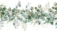 Eucalyptus Leaves Seamless Border. Watercolor Floral Illustration. Greenery And Jasmine Flower For Wedding Invitation, Greeting Cards, Decoration, Stationery Design. Isolated On Transparent Background