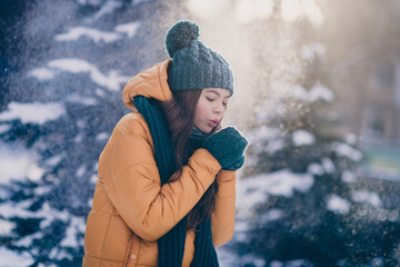 Sticker - Photo of adorable cute schoolgirl wear windbreaker jacket blowing cold arms countryside forest