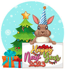 Poster - Happy New Year text with cute rabbit for banner design