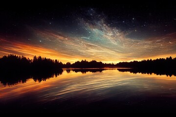 Wall Mural - Morning dawn on a starry background sky reflected in the water o