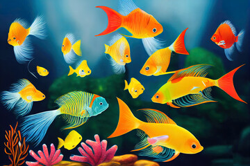 Cartoon cute tropical ocean exotic aquarium fishes. Goldfishes, tetra, barb, angelfish and lionfish. Small freshwater fish pets . Underwater bright animals isolated on white