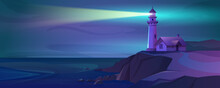 Cartoon Working Lighthouse With A Beam Of Light At Night. Marine Navigation Tower On Sea Coast, Ocean Shore. Coastline Landscape With Beacon And Signal Building With Glowing Ray. Seashore In The Dark.