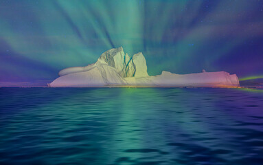 Wall Mural - iceberg floating in greenland fjord with aurora borealis