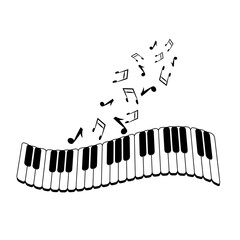 Musical keyboard and note. Black and white PNG illustration