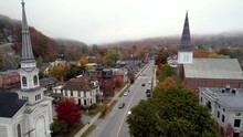 Aerial Of Churches In Montpelier Vermont In Fall With Autumn Leaf Color