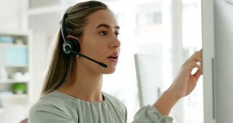 Poster - Call center, customer service and woman talking to client, working online and looking at computer screen. Customer support, crm and female worker speaking, working and helping customer on call