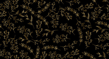 Poster - Elegant seamless pattern with plants and herbs. Leaves seamless pattern. Botanical seamless pattern. Floral background. Hand drawn vector illustration