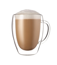 Double Walled Glass cup with cappuccino coffe and milk foam isolated on white background.