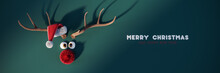 Cute Funny Reindeer With Red Nose And Merry Christmas Text On Green Background 3D Rendering, 3D Illustration