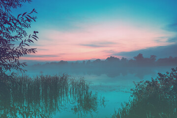 Poster - Magic serene sunrise over the lake. Misty early morning, rural landscape, wilderness