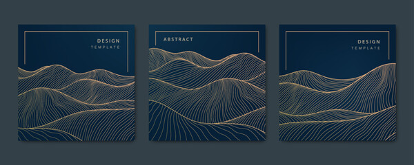 Wall Mural - vector set of wavy luxury line cards, golden dynamic square backgrounds, posts, design template. art