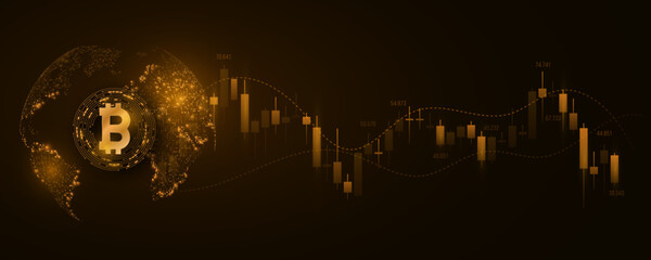 Poster - Cryptocurrency Bitcoin with planet Earth. Candlestick price pattern. Digital design for technology banner, cover or website. Futuristic business concept. Blockchain for graphic design. Vector