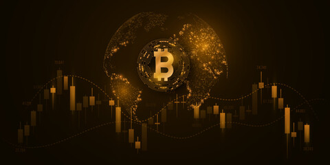 Poster - Cryptocurrency Bitcoin with futuristic planet Earth. Candlestick price pattern. Modern digital design for your banner, cover or website. Technology business concept. Blockchain. Vector