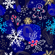 Seamless pattern of drawn snowflakes, caramel cane, holly berries, gingerbread man, spots. Christmas pattern on a dark blue background. Pattern for holiday and winter design. Vector illustration.