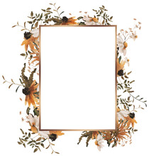 Square Frame With Autumn Flowers,  A Frame Of Autumn Flowers, A Bouquet Of Wildflowers. Geometric Frame With Red And Yellow Flowers. Dahlias And Chrysanthemums. Autumn Leaves And Flowers. Gold Frame