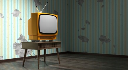 Wall Mural - Retro television set, wallpaper on cracked wall - 3D illustration