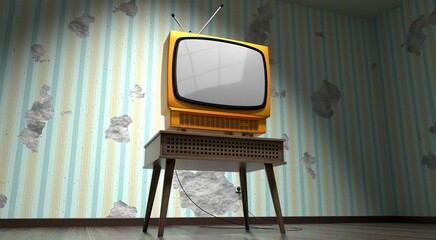 Poster - Retro television set, wallpaper on cracked wall - 3D illustration