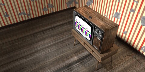 Wall Mural - Retro television set, wallpaper with vertical stripes on cracked wall - 3D illustration