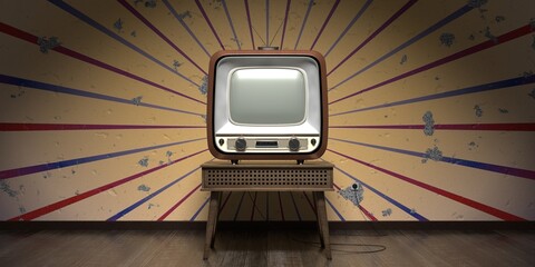 Canvas Print - Retro television set, burst wallpaper on cracked wall - 3D illustration