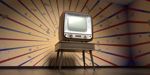 Sticker - Retro television set, burst wallpaper on cracked wall - 3D illustration