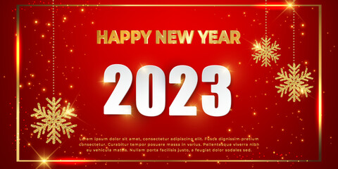 Poster - Elegant 2023 New Year greeting card with shining glitter glowing golden snowflakes hanging on red background. Happy new year 2023 and Christmas greeting card. Vector holiday celebration illustration.