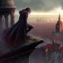 A Mysterious Hooded Figure Stands On A Tall Tower, Looking Down At The City Below. Fantasy Illustration.