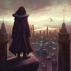 Wall Mural - A mysterious hooded figure stands on a tall tower, looking down at the city below. Fantasy illustration.