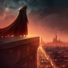 Wall Mural - A mysterious hooded figure stands on a tall tower, looking down at the city below. Fantasy illustration.