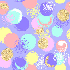 Wall Mural - Abstract seamless pattern with colorful circle, spots, spray and gold glitter. Fashion texture background. Creative wallpaper for girl.