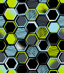 Aufkleber - Abstract seamless pattern with urban geometric elements, scuffed, drops, spots. Sport neon texture background. Football and soccer ball  wallpaper.