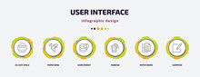 User Interface Infographic Template With Icons And 6 Step Or Option. User Interface Icons Such As In Love Smile, Paper Bird, Earn Money, Rubbish, Paper Work, Compose Vector. Can Be Used For Banner,