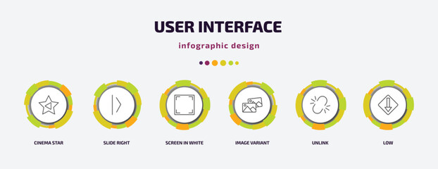 Poster - user interface infographic template with icons and 6 step or option. user interface icons such as cinema star, slide right, screen in white, image variant, unlink, low vector. can be used for
