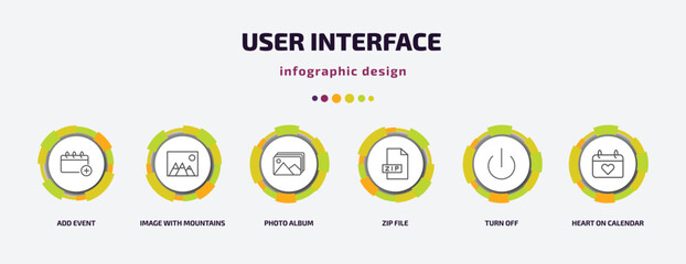 Poster - user interface infographic template with icons and 6 step or option. user interface icons such as add event, image with mountains, photo album, zip file, turn off, heart on calendar vector. can be