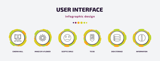 Poster - user interface infographic template with icons and 6 step or option. user interface icons such as cinema hall, image of a flower, sceptic smile, to do, disk storage, information vector. can be used