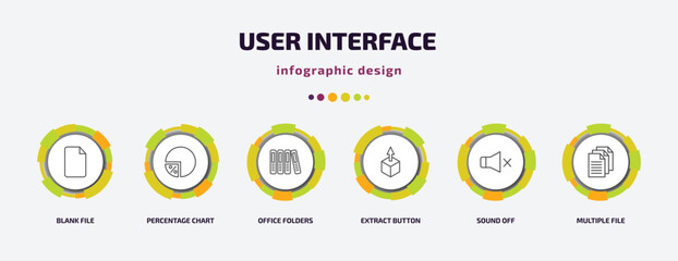 Poster - user interface infographic template with icons and 6 step or option. user interface icons such as blank file, percentage chart, office folders, extract button, sound off, multiple file vector. can