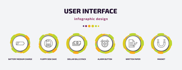 Poster - user interface infographic template with icons and 6 step or option. user interface icons such as battery medium charge, floppy disk save button, dollar bills stack, alarm button, written paper,