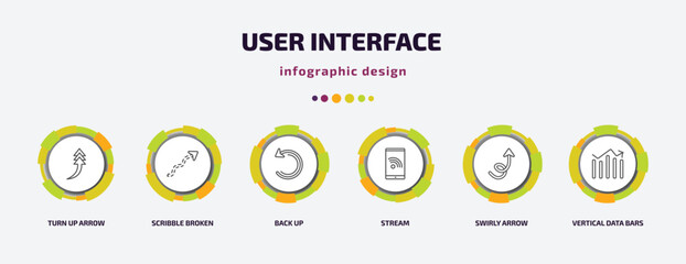 Poster - user interface infographic template with icons and 6 step or option. user interface icons such as turn up arrow, scribble broken line, back up, stream, swirly arrow, vertical data bars vector. can