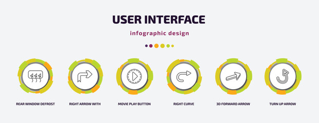 Poster - user interface infographic template with icons and 6 step or option. user interface icons such as rear window defrost, right arrow with turn, movie play button, right curve, 3d forward arrow, turn