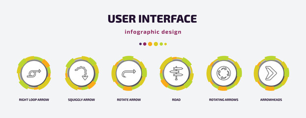 Poster - user interface infographic template with icons and 6 step or option. user interface icons such as right loop arrow, squiggly arrow, rotate arrow, road, rotating arrows, arrowheads vector. can be