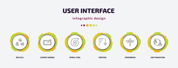 Poster - user interface infographic template with icons and 6 step or option. user interface icons such as recycle, export arrow, spiral tool, sorting, crossroad, job transition vector. can be used for