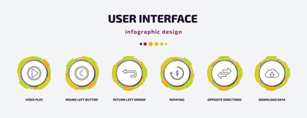 Poster - user interface infographic template with icons and 6 step or option. user interface icons such as video play, round left button, return left arrow, repaying, opposite directions, download data