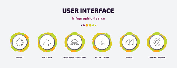 Poster - user interface infographic template with icons and 6 step or option. user interface icons such as restart, recycable, cloud with connection, mouse cursor, rewind, two left arrows vector. can be used