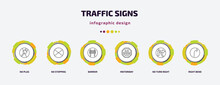 Traffic Signs Infographic Template With Icons And 6 Step Or Option. Traffic Signs Icons Such As No Plug, No Stopping, Barrier, Motorway, No Turn Right, Right Bend Vector. Can Be Used For Banner,