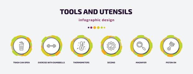 Poster - tools and utensils infographic template with icons and 6 step or option. tools and utensils icons such as trash can open, exercise with dumbbells, thermometers, second, magnifier, piston on vector.