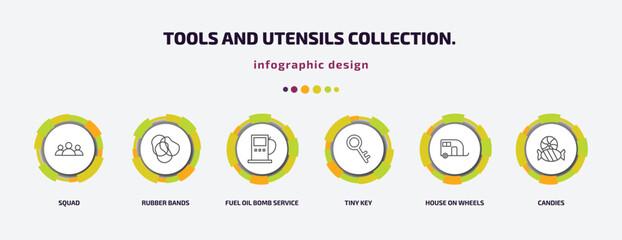 Poster - tools and utensils collection. infographic template with icons and 6 step or option. tools and utensils collection. icons such as squad, rubber bands, fuel oil bomb service, tiny key, house on