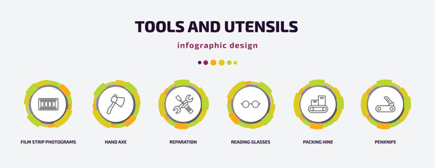 Aufkleber - tools and utensils infographic template with icons and 6 step or option. tools and utensils icons such as film strip photograms, hand axe, reparation, reading glasses, packing hine, penknife vector.
