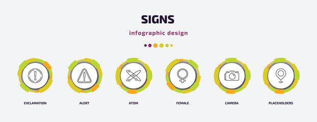 Poster - signs infographic template with icons and 6 step or option. signs icons such as exclamation, alert, atom, female, camera, placeholders vector. can be used for banner, info graph, web, presentations.
